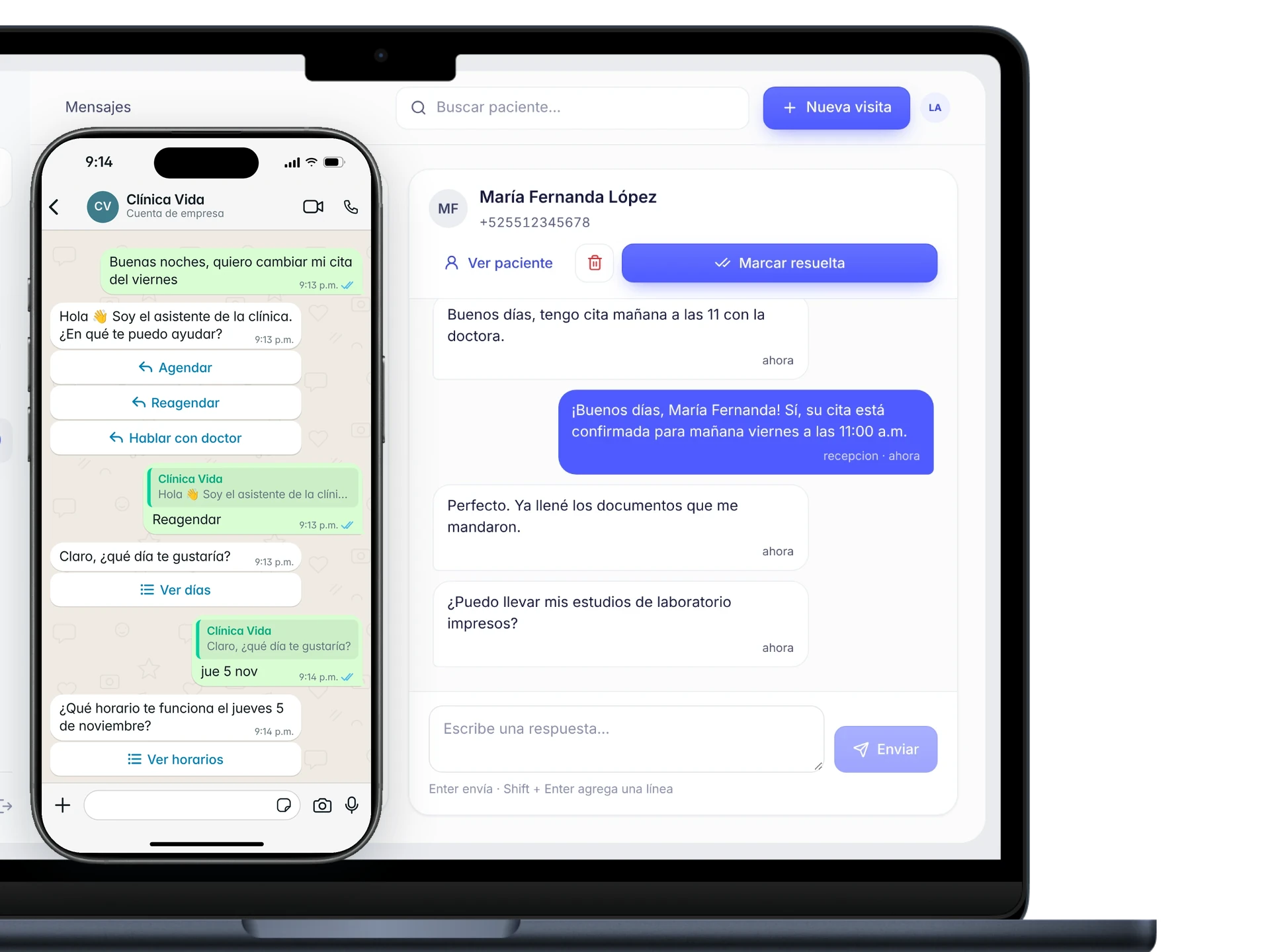 Vista de marketing de Mensajes de Kensa en español con una conversación de ejemplo