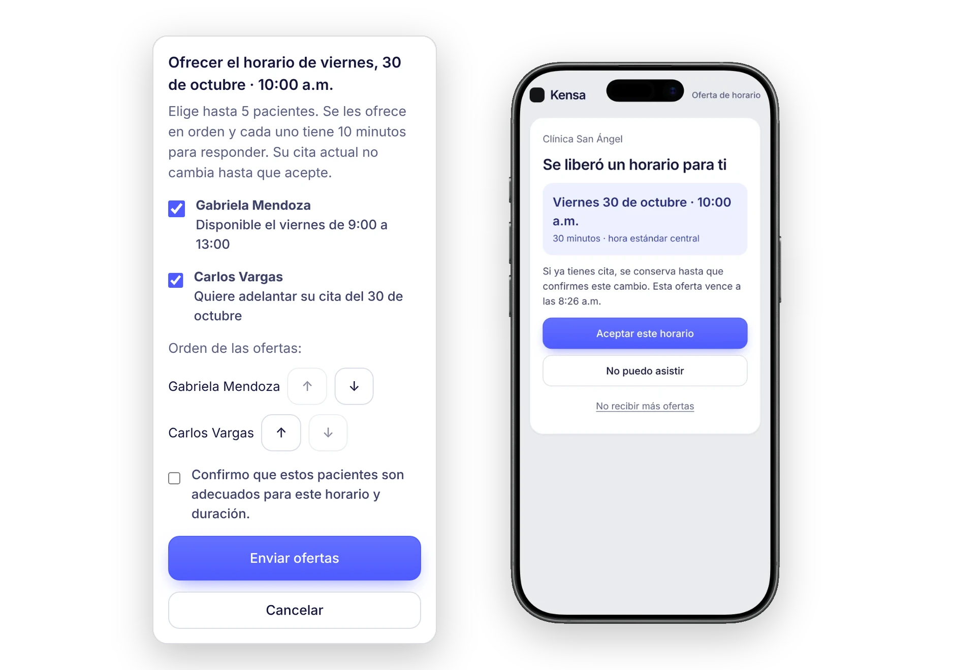 Ofrecer un horario libre a la lista de espera y la oferta en el celular del paciente
