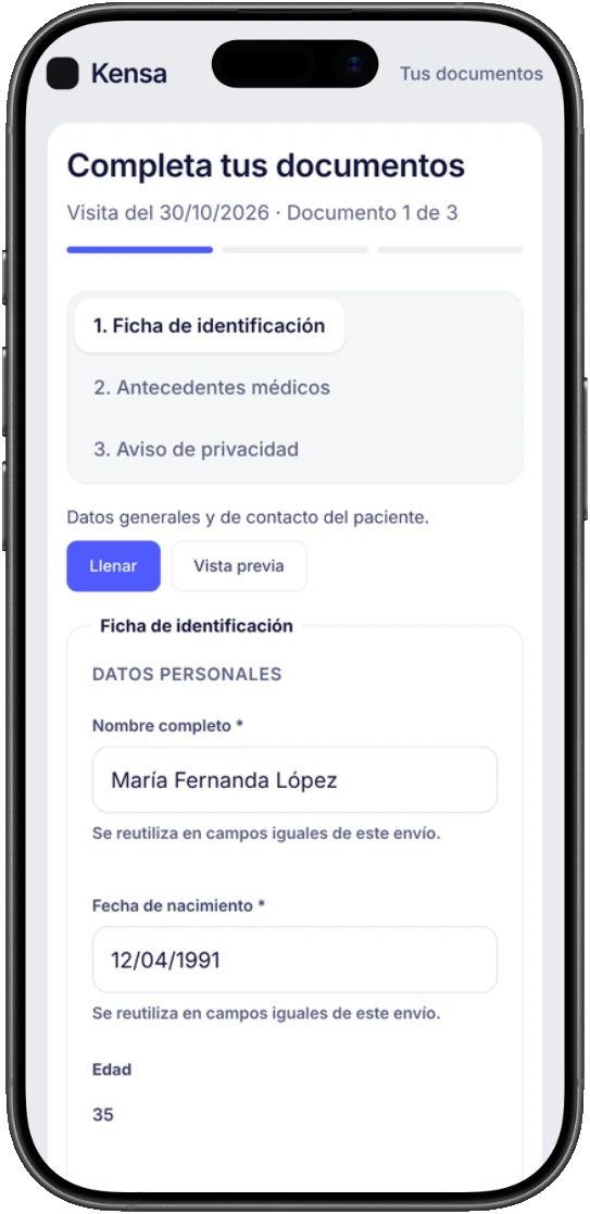 Kensa en el celular del paciente: completa tus documentos