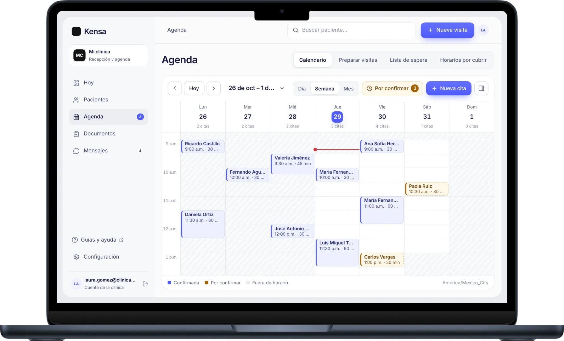 Kensa en una laptop: la agenda semanal con citas confirmadas y por confirmar