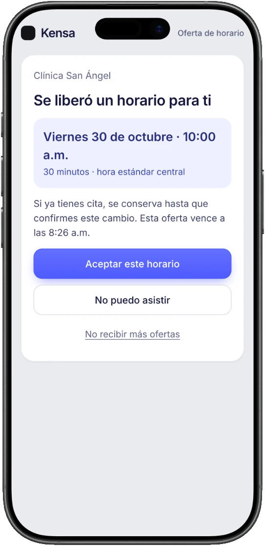 Oferta de horario en el celular del paciente: se liberó un horario para ti