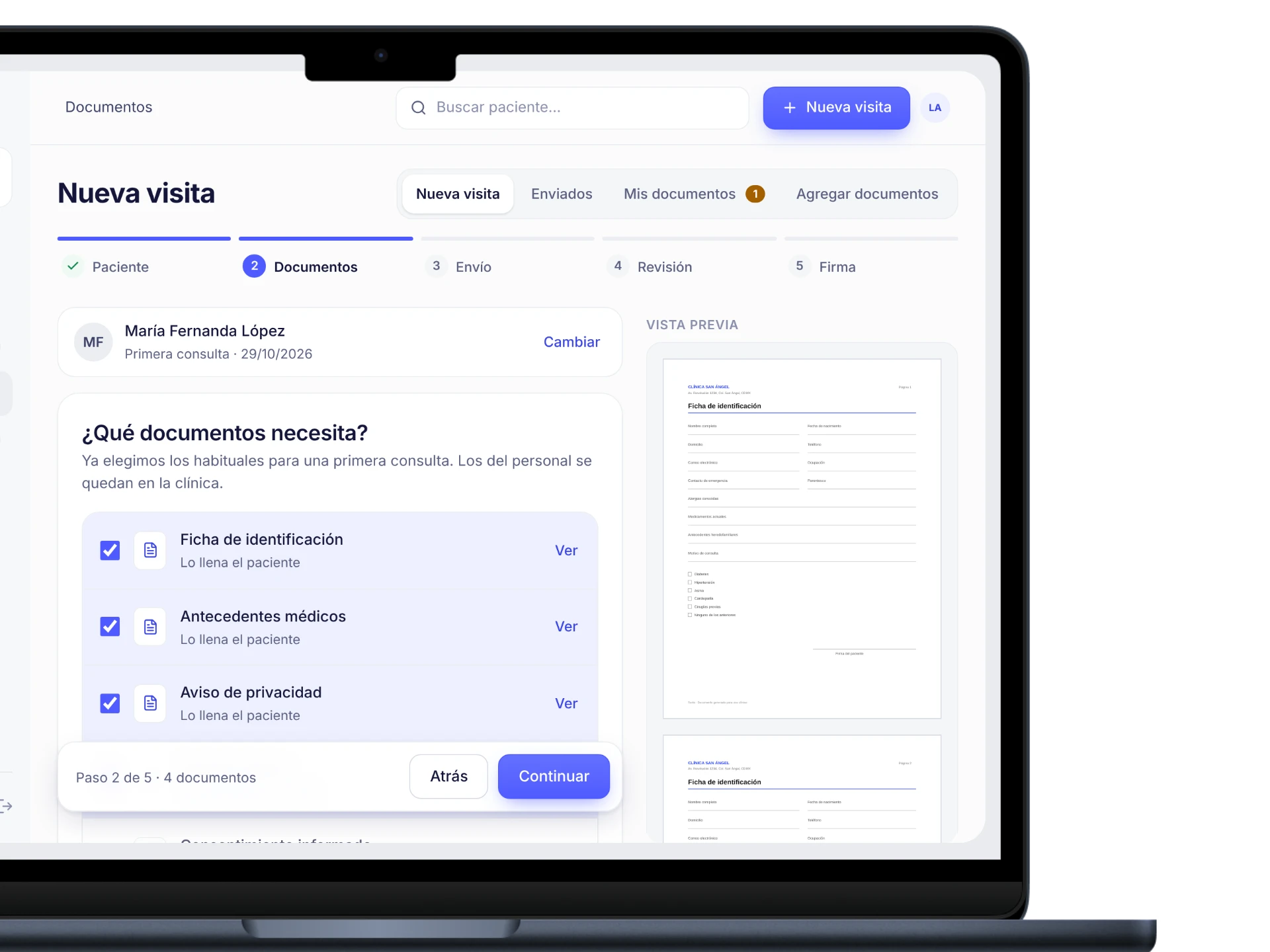 Kensa en una laptop: elegir los documentos de la visita con su vista previa