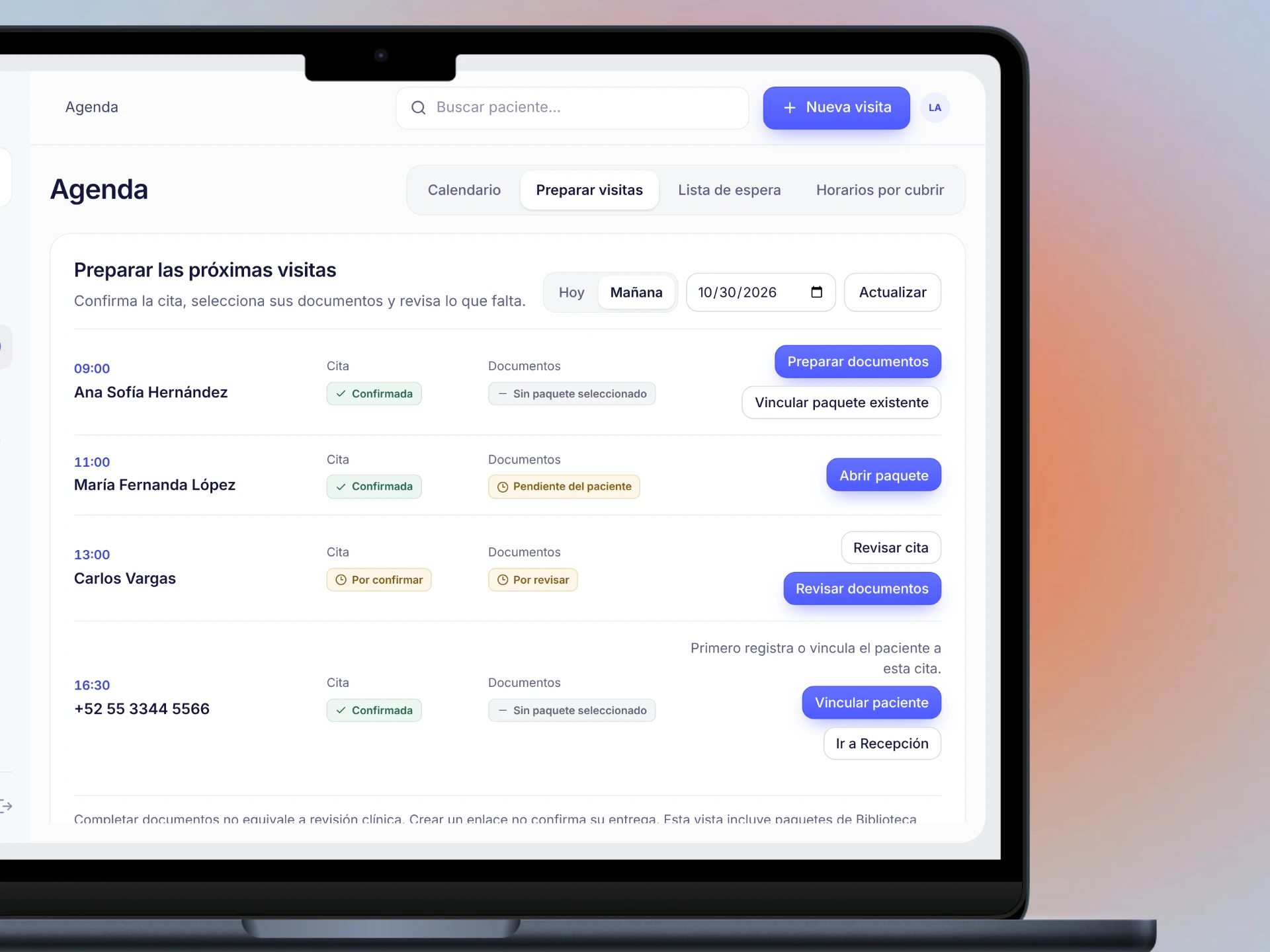 Vista de marketing de recepción de Kensa con datos del paciente y formatos en español