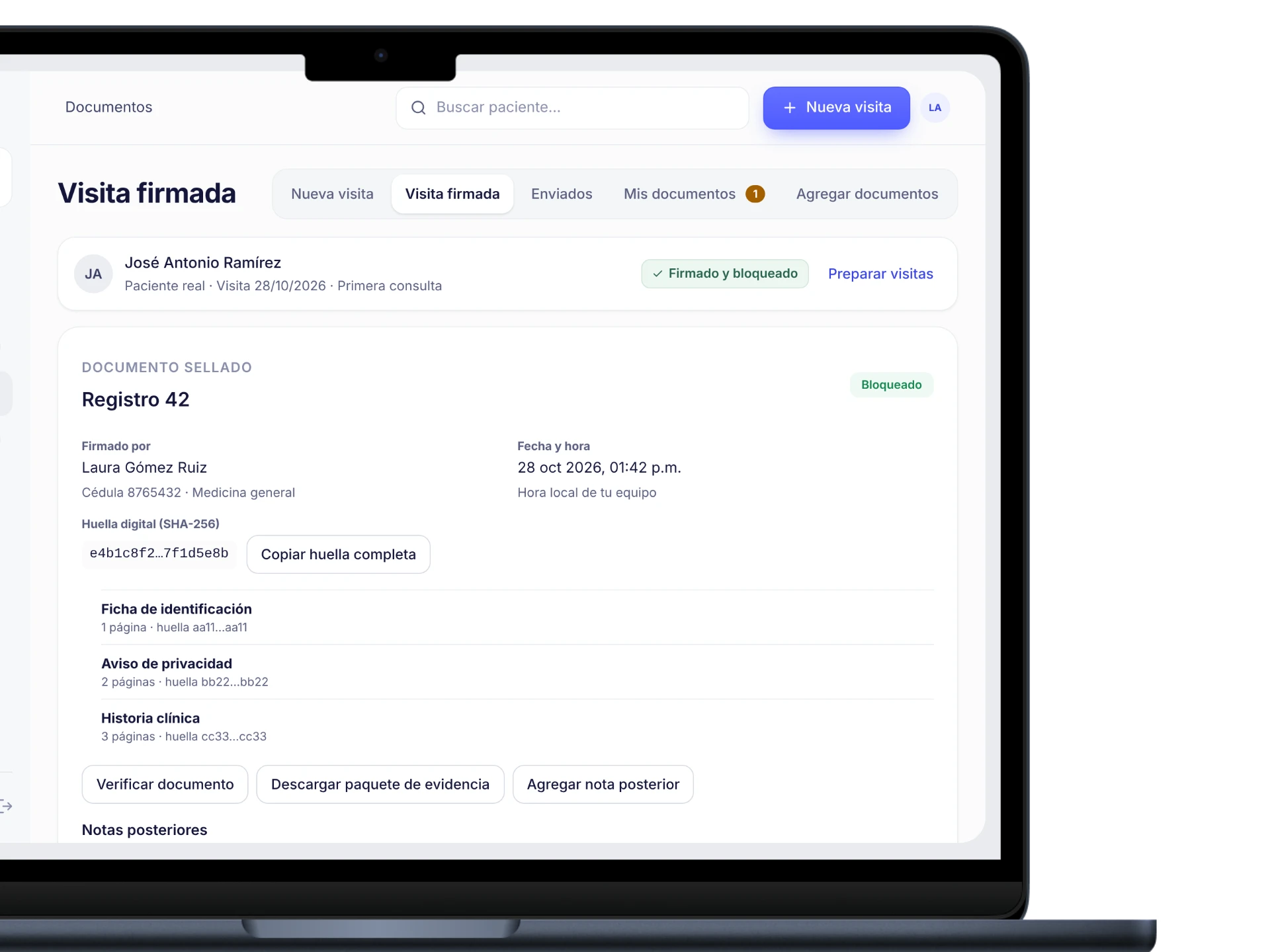 Kensa en una laptop: visita firmada y bloqueada, con su registro sellado y su huella digital