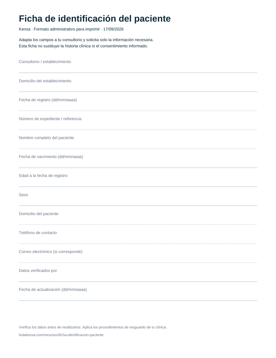 Vista previa de la ficha descargable en blanco, con campos de identificación, contacto y revisión.